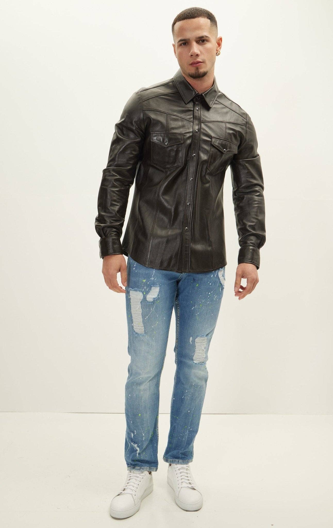 Men's Genuine Lambskin Leather Shirt - Dark Brown for wholesale on Faire4