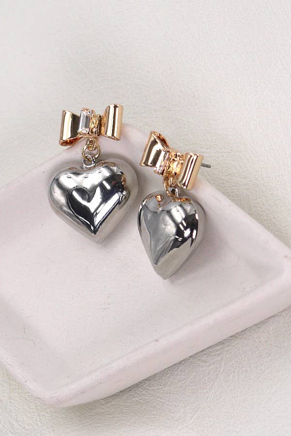 GOLD BOW HEART RHINESTONE DANGLE EARRINGS | 80E2297 for wholesale on Faire1