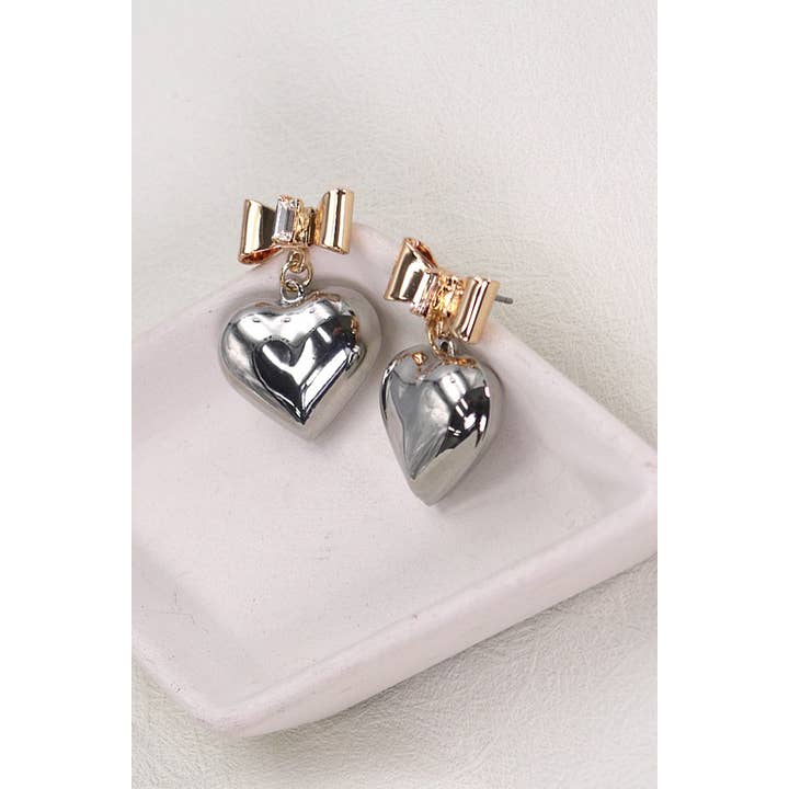 GOLD BOW HEART RHINESTONE DANGLE EARRINGS | 80E2297 for wholesale on Faire1