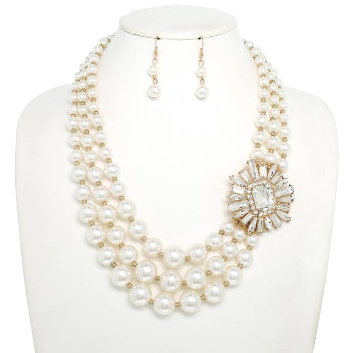 SP Sophia Collection - Wholesale Jewelry Set - 3 Line Gemstone Floral Brooch Pearl Pearl Necklace Set4