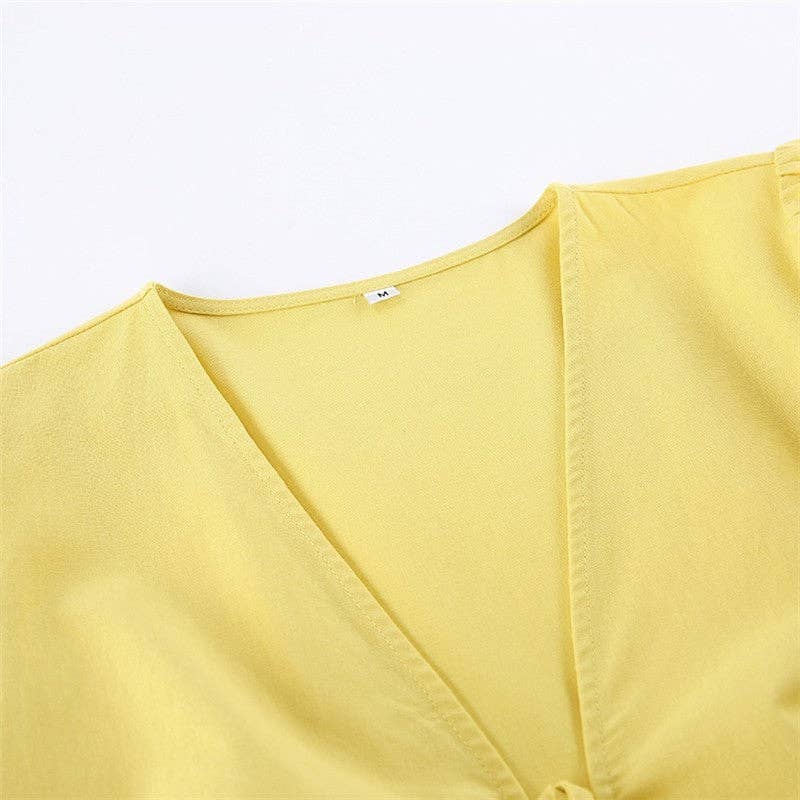 Yellow Solid Color Bubble Sleeve Top Skirt Set for wholesale on Faire8