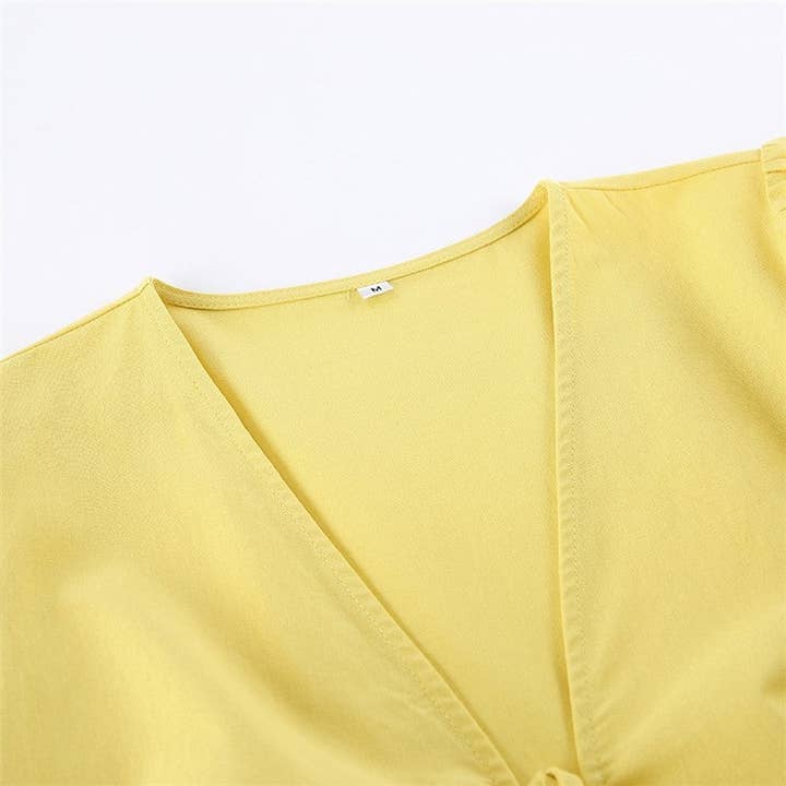 Yellow Solid Color Bubble Sleeve Top Skirt Set for wholesale on Faire8