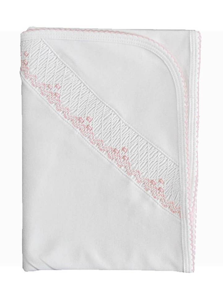Baby Girl's White & Pink Smocked Blanket w/ Picot Edge for wholesale by Baby Threads
