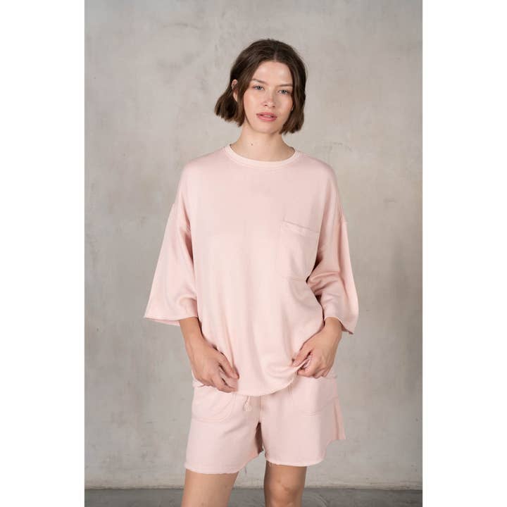 Sweat-shirt à manches courtes en molleton de coton modal avec col rond pour la vente par lalamia