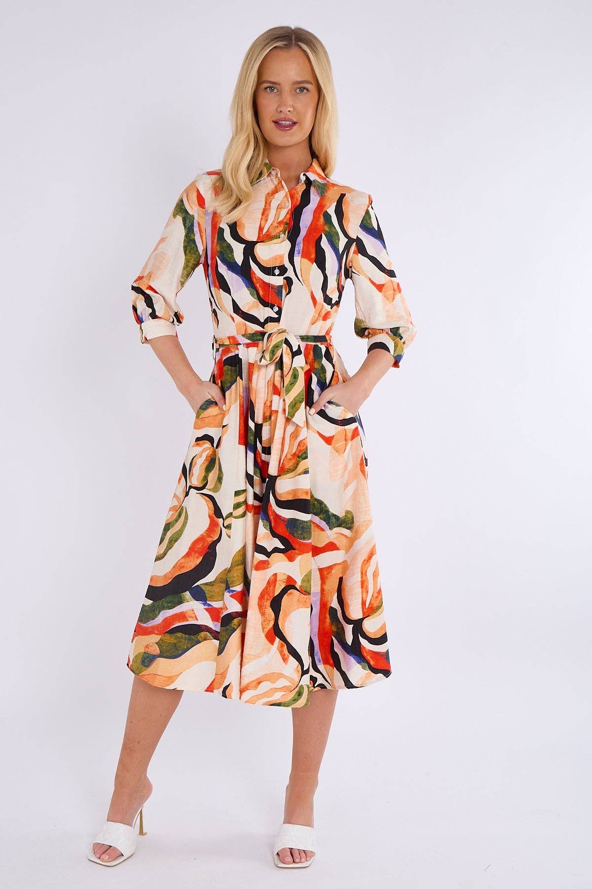 ARANCIO Abito camicia midi con stampa a motivo arancione e verde in vendita all'ingrosso su Faire2