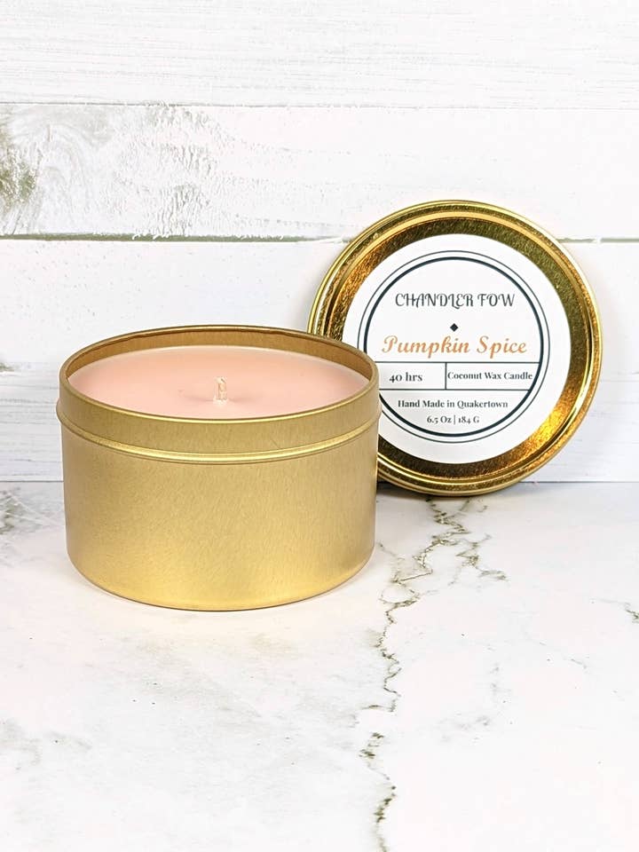 Pumpkin Spice 6.5 Oz Tin Candle for wholesale by Chandler Fow