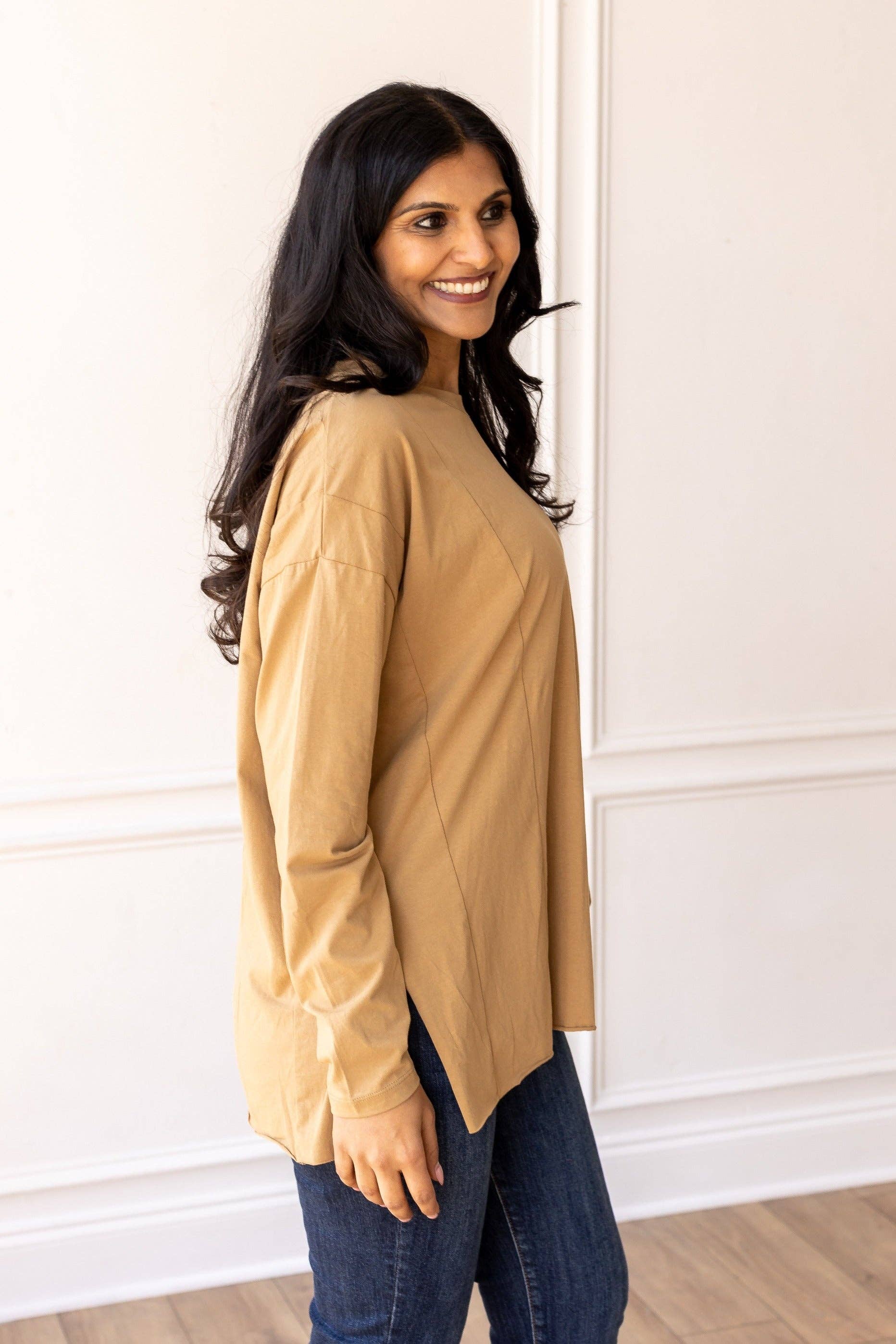 Tan Long-sleeved T-shirts With Side Stitching for wholesale on Faire2