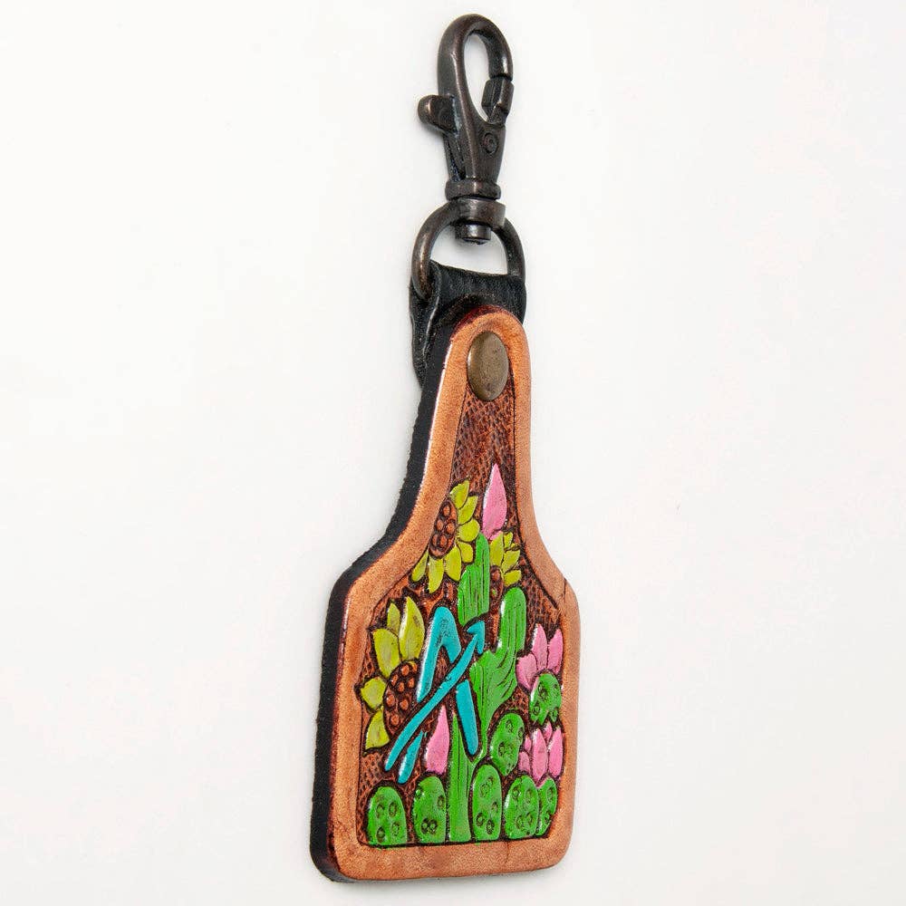 LS Western - Wholesale Keychain - Unisex - LC-ADKR213 Hand-Tooled Western Leather Keyring   Cactus & Sunflower with Pink Blooms1