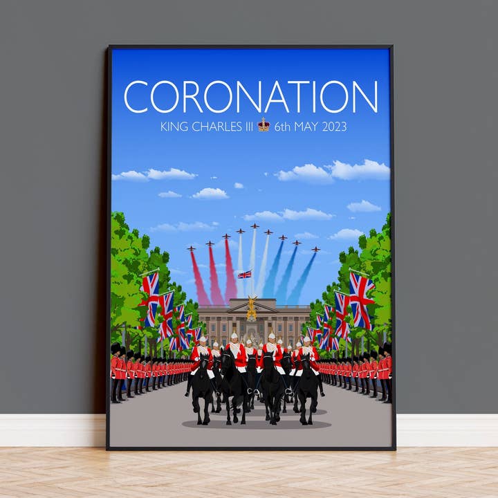 King Charles III Coronation Print, London Travel Poster, Buckingham Palace, The Mall, City of London, UK, Limited Edition Print for wholesale by NQ Media Designs