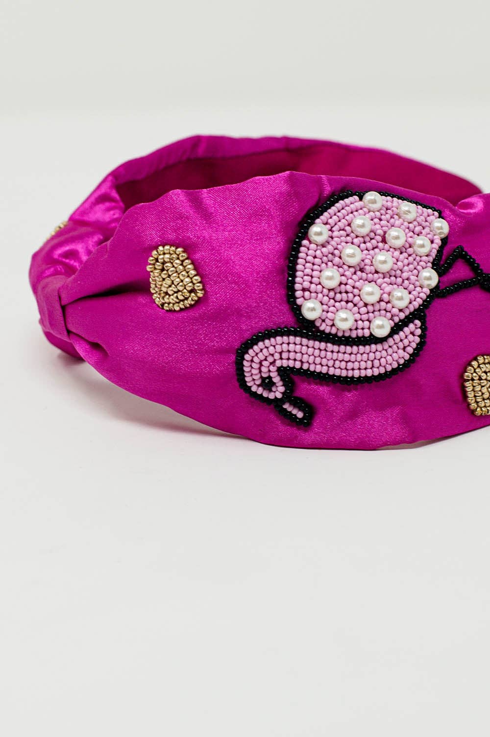 Fuchsia Satin Headband with Embroidered Flamigos for wholesale on Faire1