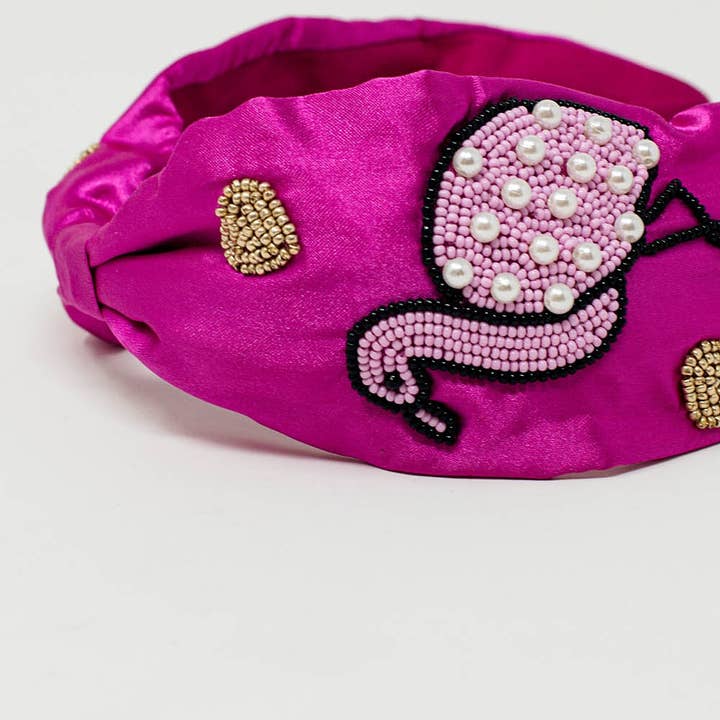 Fuchsia Satin Headband with Embroidered Flamigos for wholesale on Faire1