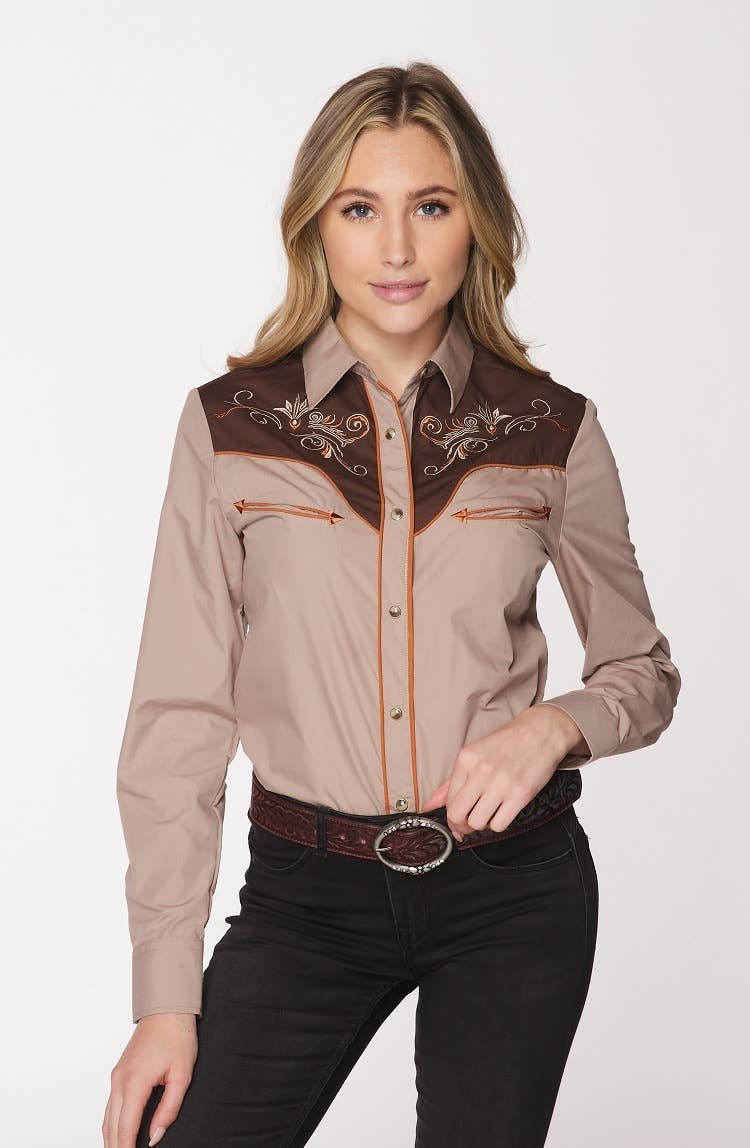 Rodeo Clothing - Vente Chemise à col boutonné – femme - Robe brodée à manches longues d'inspiration western pour femmes74