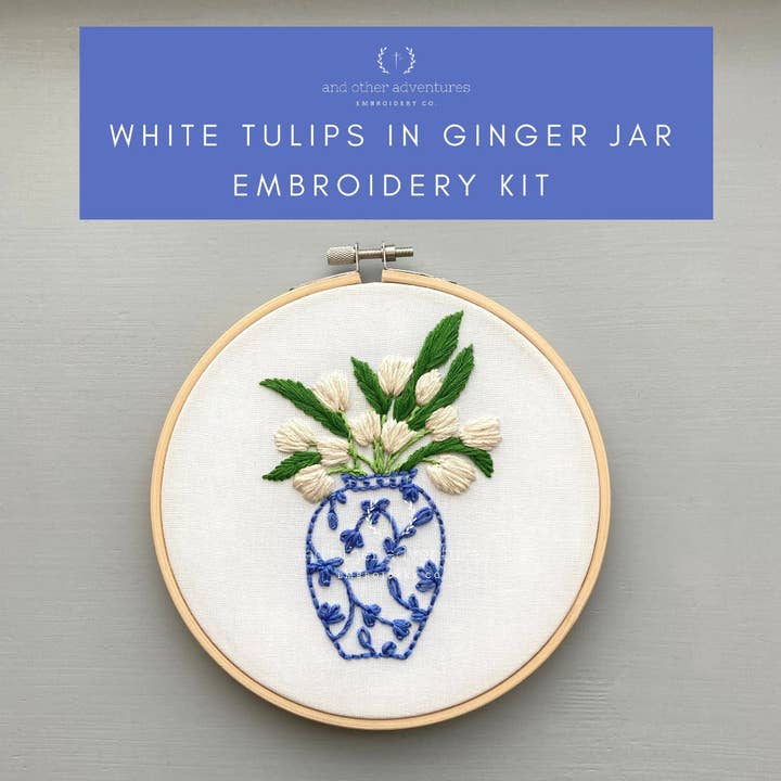 Hand Embroidery Kit - Ginger Jar with White Tulips for wholesale by And Other Adventures Embroidery Co