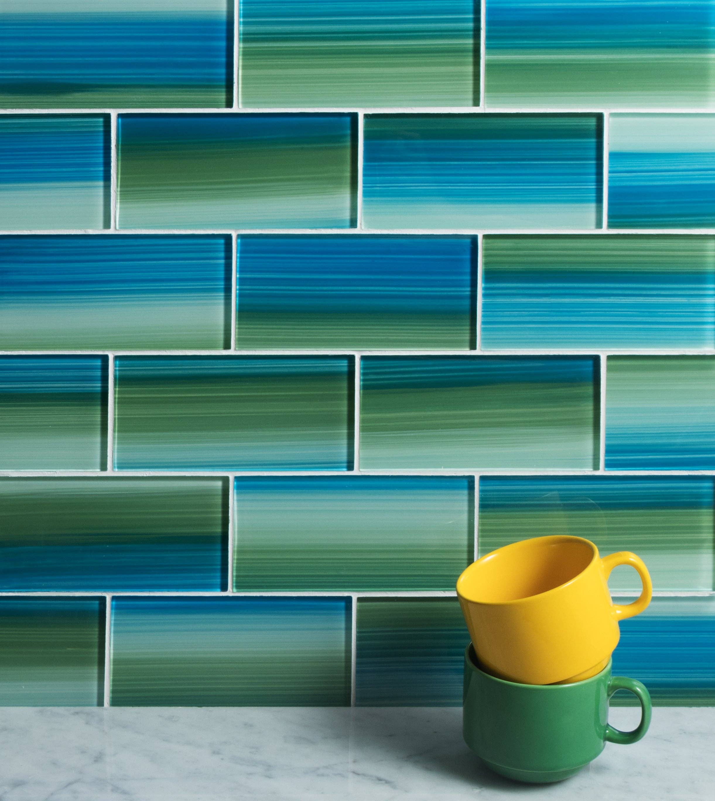 WS Tiles - Wholesale Wall Tile - Hand Painted 3" x 6" Glass Mosaic Subway Tile, Backsplash for Kitchen and Bathroom - 5 Square Feet Per Carton - Hand Painted Shades of Green and Blue1