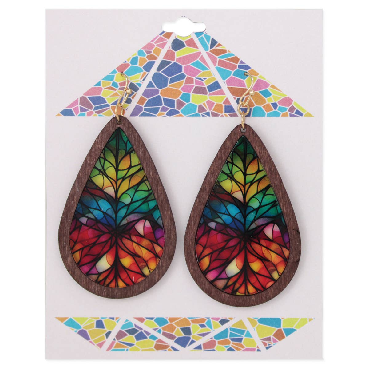 ZAD - Vente Boucles d'oreilles pendantes - Boucles d’oreilles en bois avec impression vitrail mosaïque arc-en-ciel2