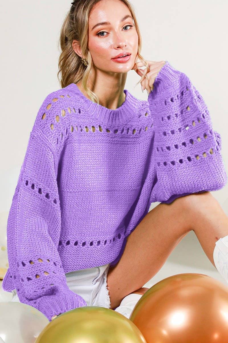 Vine & Love - Vente Pull en maille – femme - Pull en crochet à col rond et manches ballon en tricot ouvert VT5170326