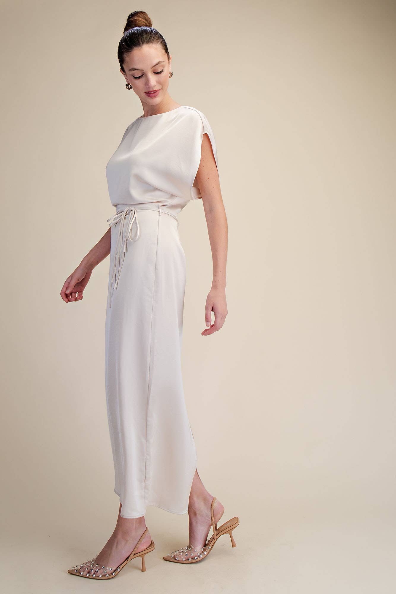 Glam - Wholesale Dress - Women's - Round Neck Waist Tie Back Slit Midi Dress11