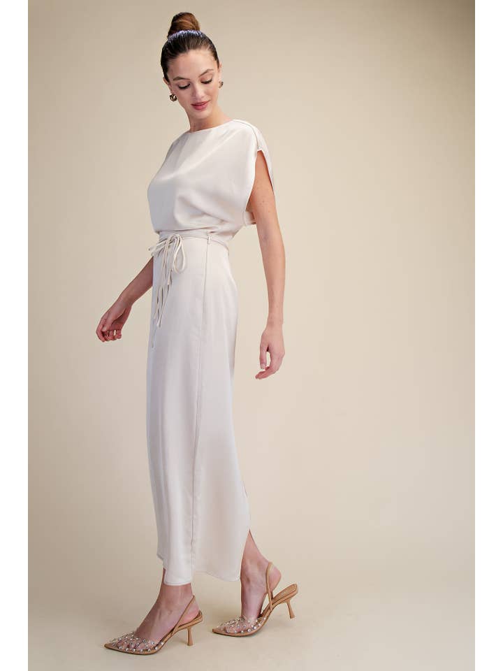 Glam - Wholesale Dress - Women's - Round Neck Waist Tie Back Slit Midi Dress11