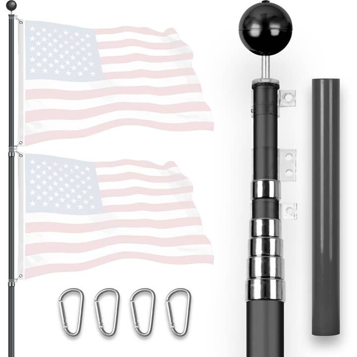 G128 - Wholesale Flagpole - G128 25Ft Telescoping Aluminum Black Flagpole | In Ground Heavy Duty Telescopic Flag Pole for Commercial/Residential Use | Flag NOT Included