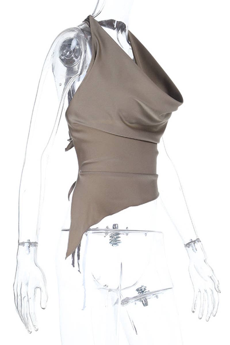BROWN Draped Halter Top with Asymmetrical Hem for wholesale on Faire5