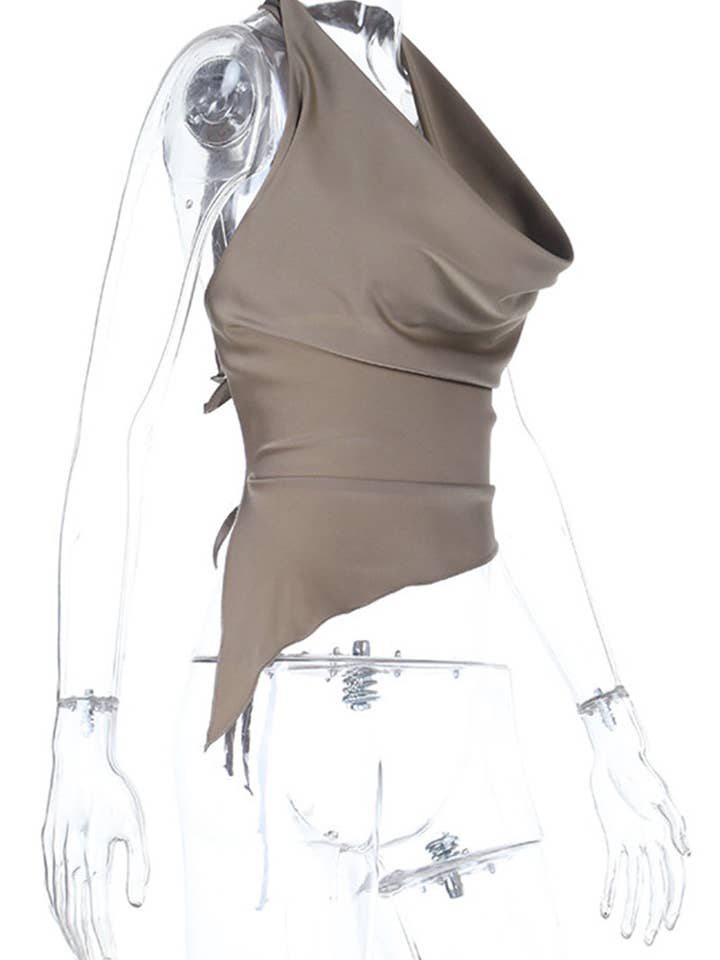 BROWN Draped Halter Top with Asymmetrical Hem for wholesale on Faire5