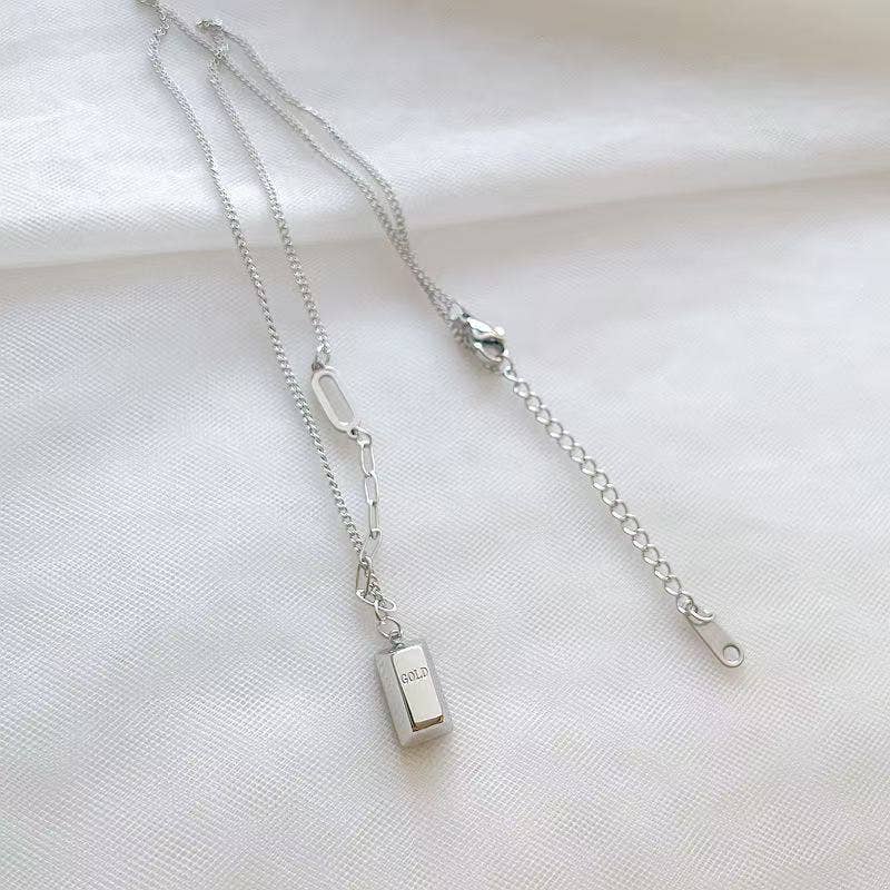 Ladylande - Wholesale Pendant/Charm Necklace - Silver Luxe Bar Pendant Necklace  engraved "Wealth & power7