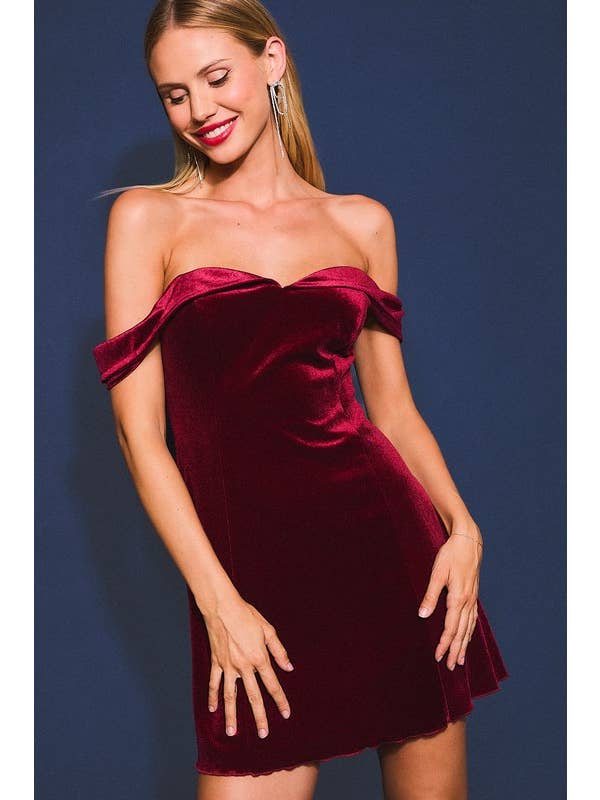 Burgundy Strapless Off Shoulder Velvet Mini Dress for wholesale on Faire