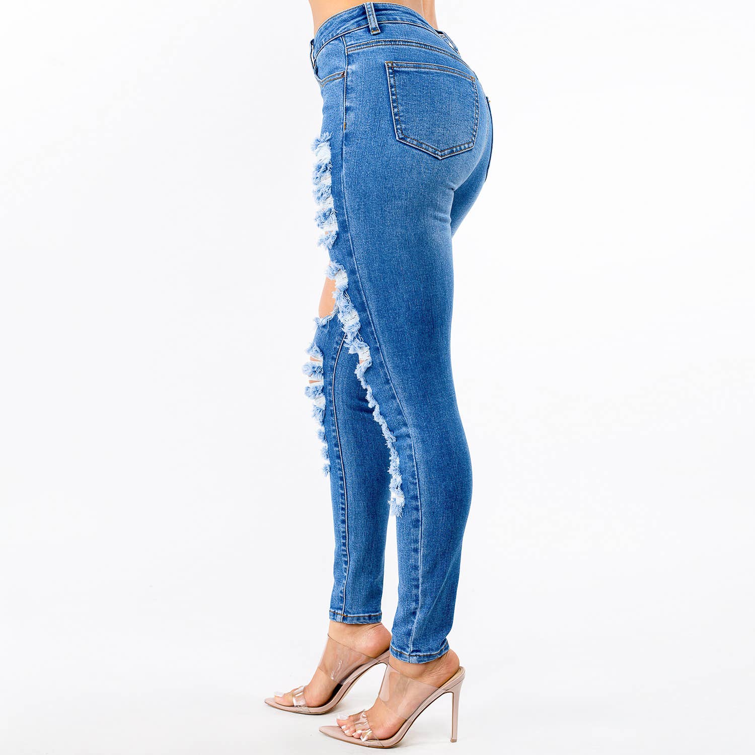BLAUW UITGESNEDEN JEANS MET HOGE TAILLE - RJH20360 voor groothandel op Faire1