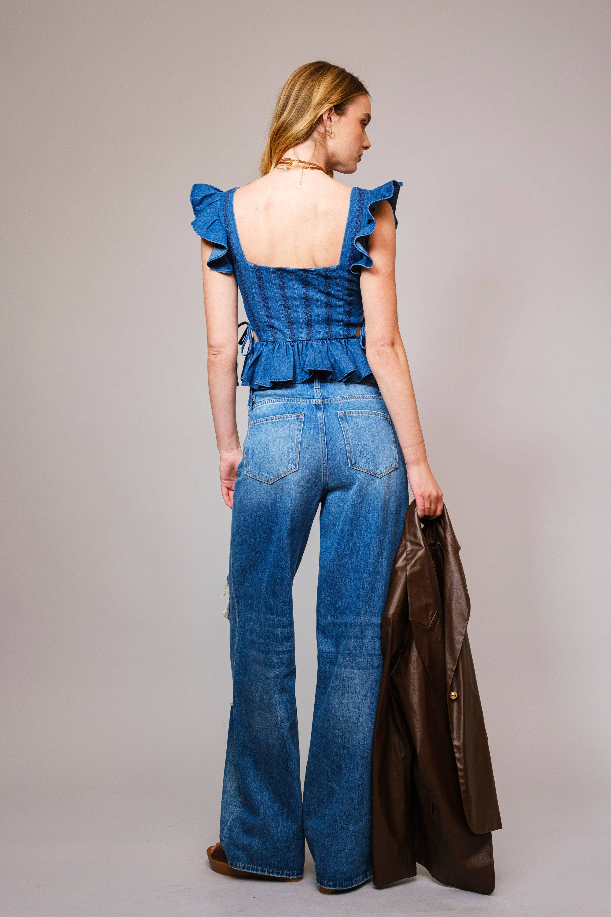 Blue B - Wholesale Blouse - Women's - 23447T - Embroidered Ruffle Sleeve Denim Corset6