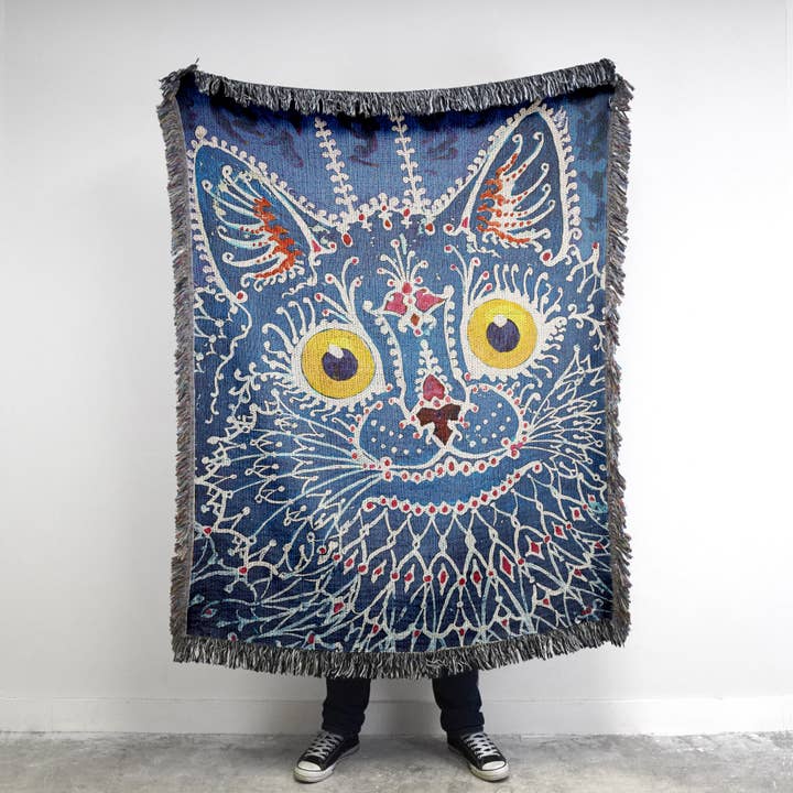 Louis Wain Psychedelic Blue Cat Woven Throw Blanket for wholesale by Killer Goods • Woven Blankets, Gifts, Home Decor