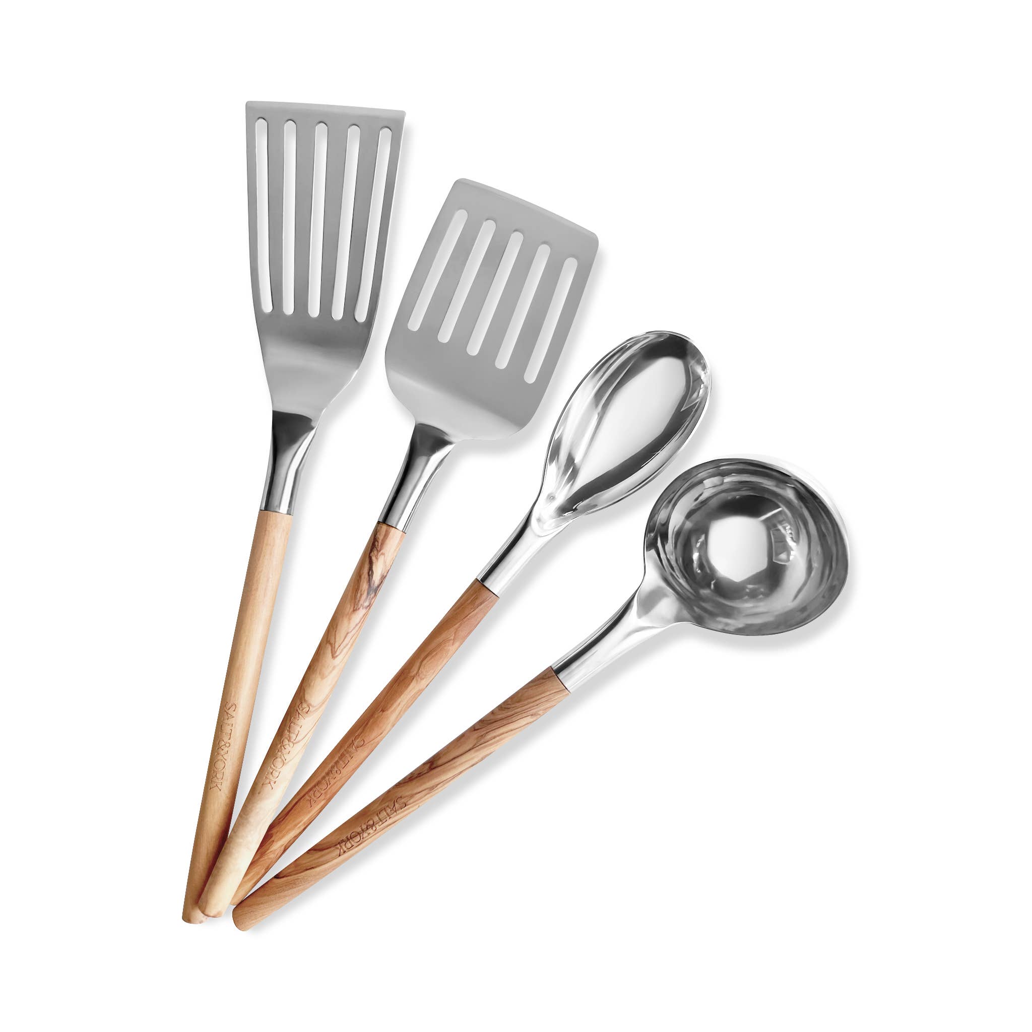 Salt & York - Wholesale Kitchen Utensil Set - 4 Piece Olive Wood or Walnut Wood Handle Utensil Set with St0