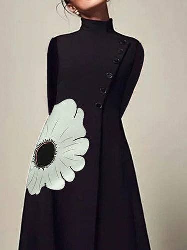 OceanusSwim – wholesale Dress – Women's – A-Line Long Sleeves Flower Print High Neck Midi Dresses6