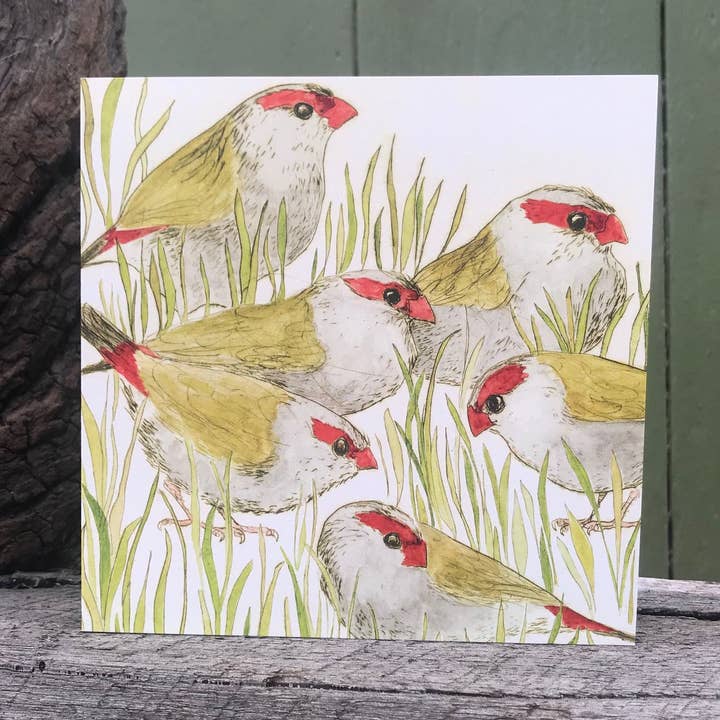 Bridget Farmer Printmaker - Wholesale Everyday greeting card - Greeting Card - Red-browed Finches0