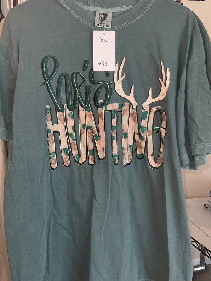 He’s Hunting Tee for wholesale by Feathered Tracks Co.