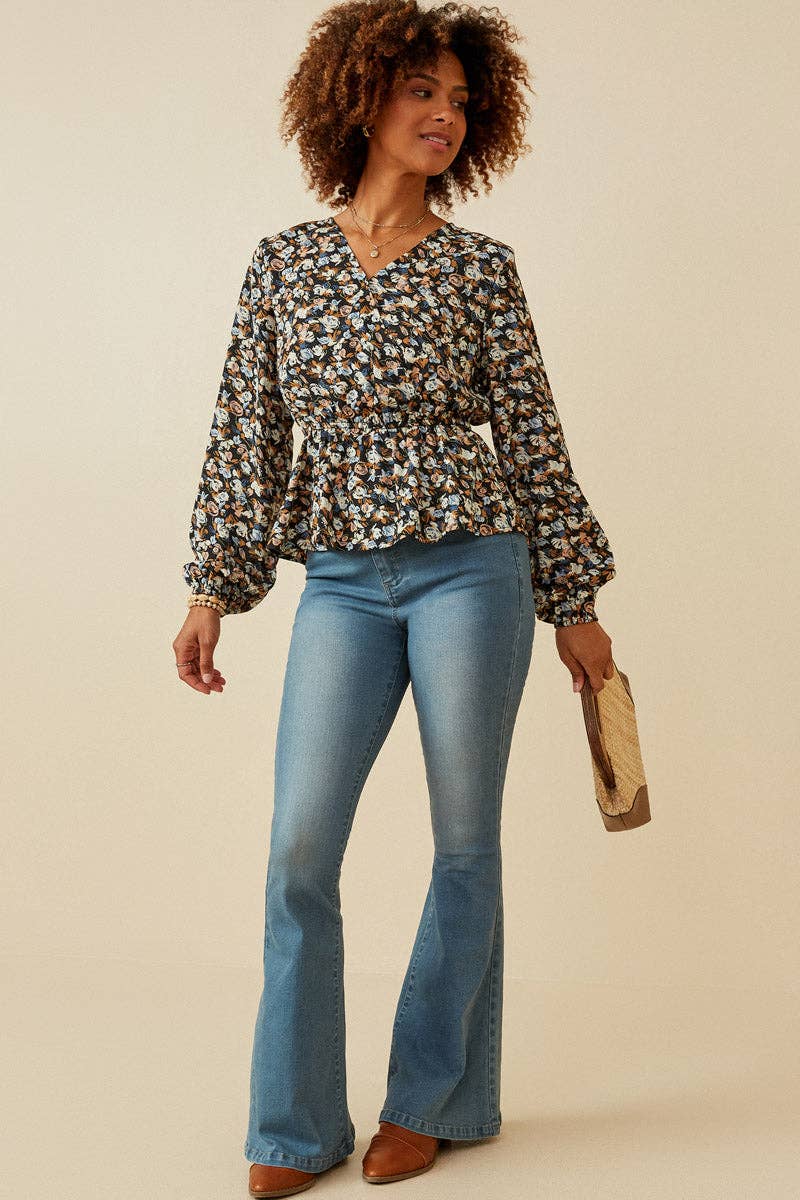 Black Womens Ditsy Floral Surplice Long Sleeve Chiffon Peplum for wholesale on Faire7