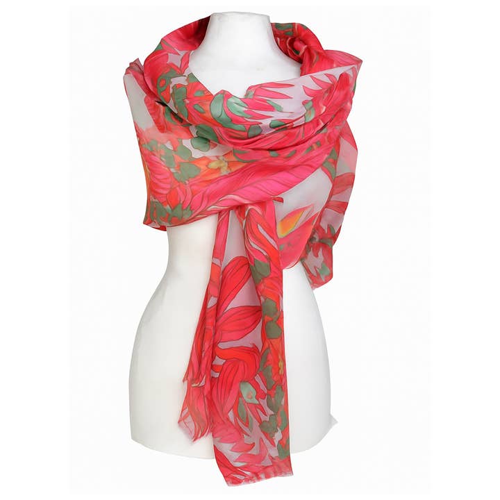 Wool stole with greenhouse pattern, toucan, tropical plants, birds for wholesale by Supplement D'AM