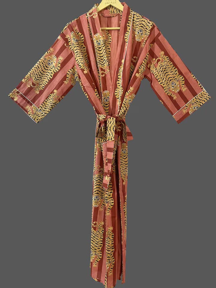 Novo vestido longo de roupão de quimono de algodão com estampa tigre por atacado de Bhawana Handicrafts