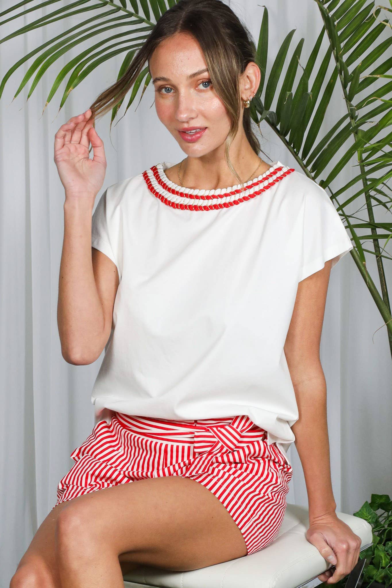 Vine & Love – wholesale Knit top – Women's – Braid Trim Round Neck Cotton Knit Top VT8239414