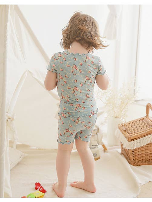 Shirring Flower Mint Short sleeve Viscose Pajama for wholesale on Faire