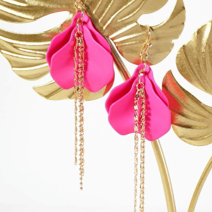 Wild Honey - Wholesale Dangle Earrings - Botanical-Theme Rubber-Coated Flower Petal Design Dangle Earrings With Chain Drop11