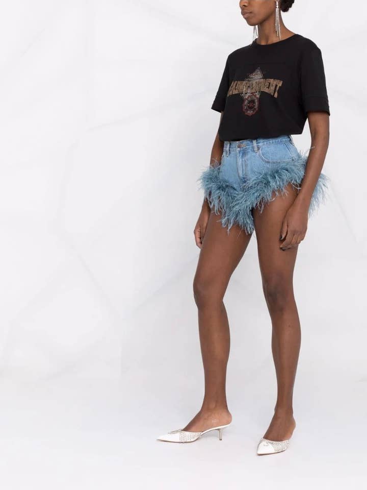 brugerdefinerede fjer trim mini denim shorts for engroshandel hos Bonandjulie