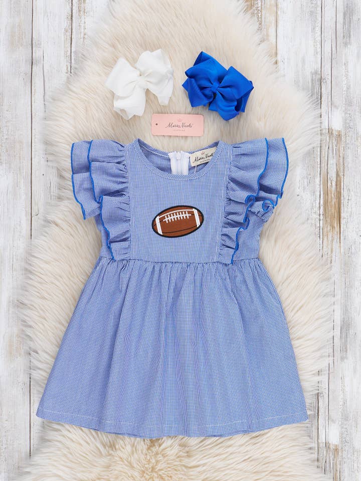 Blue Stripe Cotton Embroidered Football Ruffle Dress for wholesale by Marie Nicole Clothing