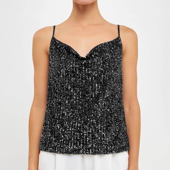 V Neck Sequin Spaghetti Strap Top for wholesale by Plush Looks