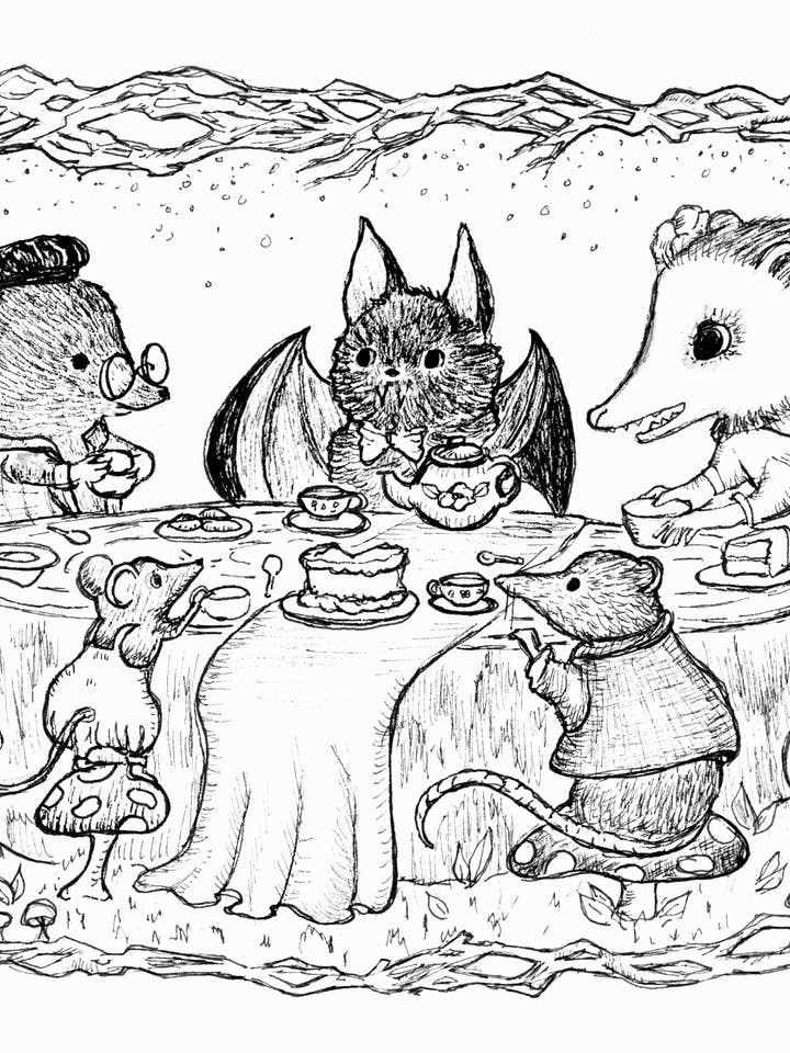 Tea Party for Unloved Creatures, woodland critters art for wholesale by Cat Mallard Art