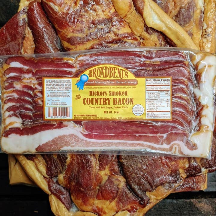 Hickory Smoked Country Bacon for wholesale by Broadbent Country Hams