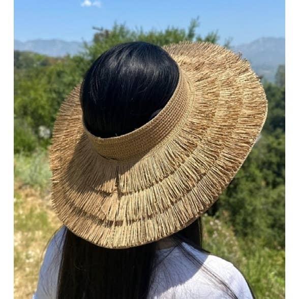 NATURAL Beachy crownless sun visor hat with layers of fringe for wholesale on Faire5