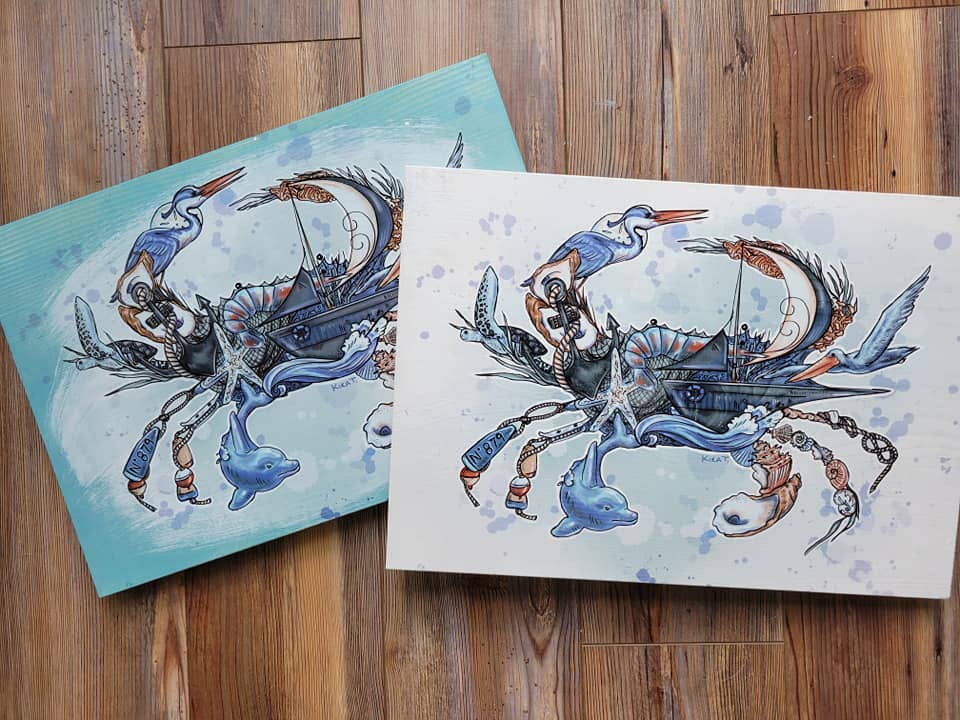 Map Mom - Wholesale Art Print - 11x16 Wood Plank Art- Crab Collage1