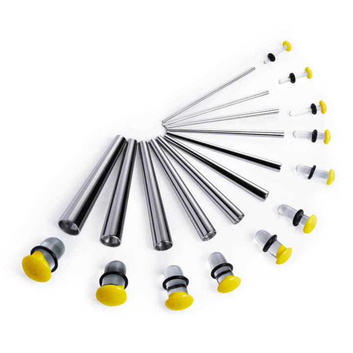 Custom Plugs - Vente Parures de bijoux - Kit d'étirement des oreilles pour débutants, paquet de 22 pièces, comprend des cônes en acier chirurgical et un bouchon ou une jauge en verre jaune transparent1