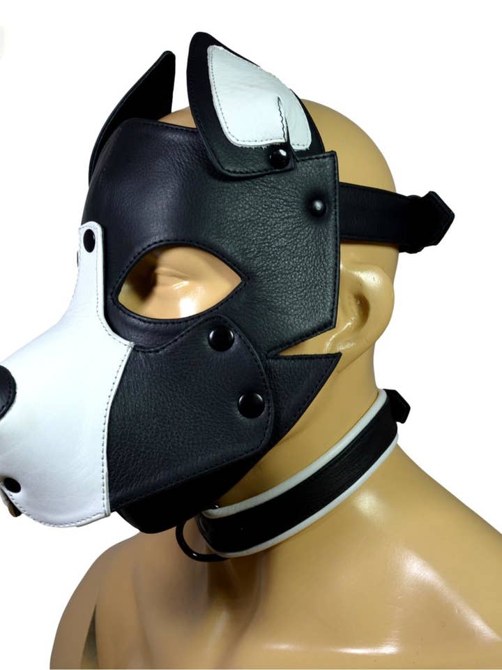 Läder Puppy Hundmask Huvdräkt Reenactment Gear Pet play Mask Avtagbar munstycke för wholesale av Meninleather
