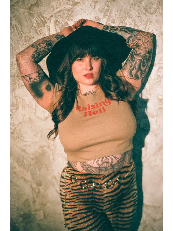 Tan Raising Hell 90's Baby Crop Tee for wholesale on Faire5